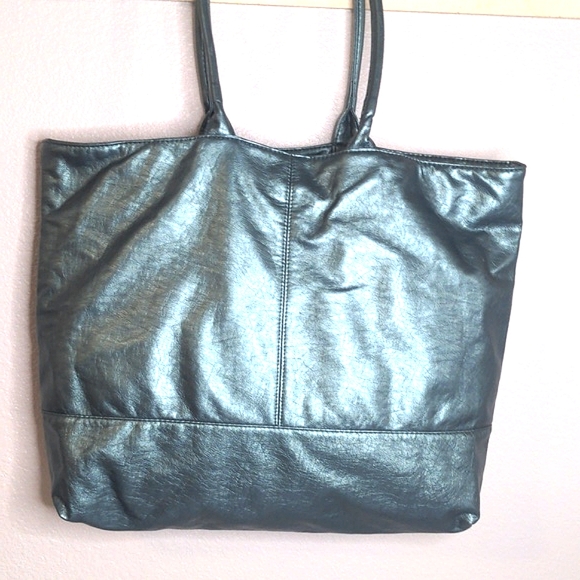 Saks Fifth Ave metallic teal blue tote Xlarge beach travel overnight bag EUC - Picture 8 of 10